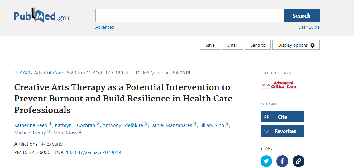 Creative Arts Therapy as a Potential Intervention to Prevent Burnout and Build Resilience in Health Care Professionals. Reed K, Cochran KL, Edelblute A, Manzanares D, Sinn H, Henry M, Moss M. AACN Adv Crit Care. 2020;31(2):179-190.