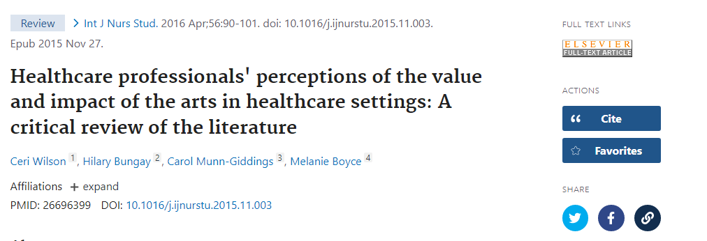 Healthcare professionals' perceptions of the value and impact of the arts in healthcare settings: A critical review of the literature. Wilson C, Bungay H, Munn-Giddings C, Boyce M. Int J Nurs Stud. 2016;56:90-101.