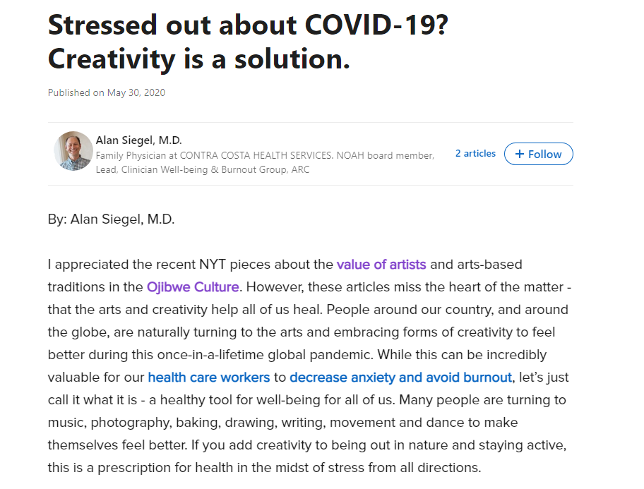Stressed out about COVID-19. Creativity is a solution. Alan Siegel, M.D.